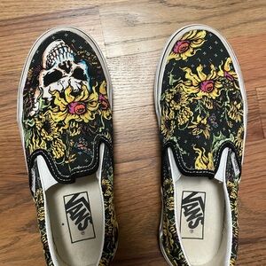 Vans Kids Slip-On Sneakers - Black with Colorful Skull and Floral Design